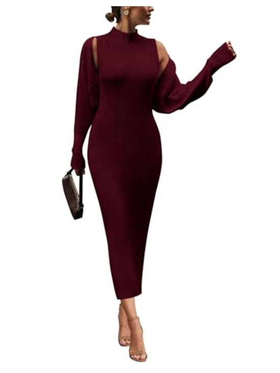 Dresses & Skirts - Rib Knit 2 Piece Maxi Tank Dress & Cropped Cardigan Set, Mock Neck Bodycon